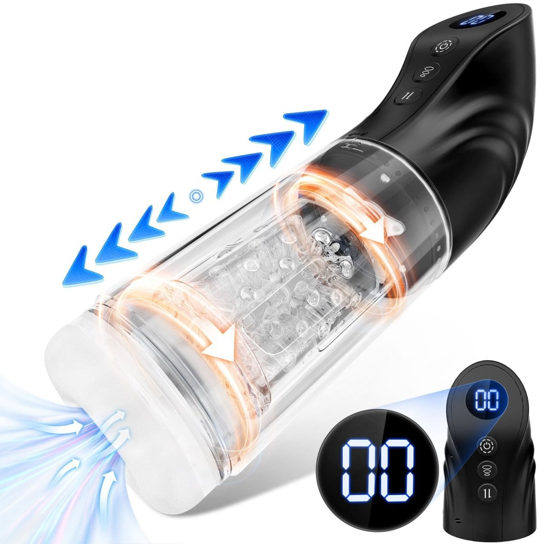 3 in 1 automatic male masturbator with LCD display shown in front view