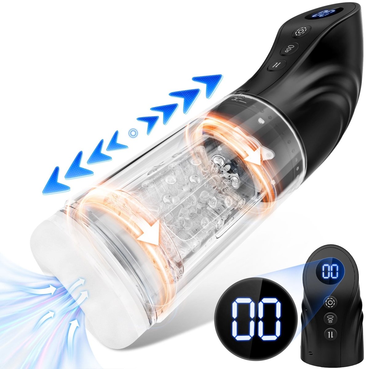 Side angle of automatic masturbator highlighting clear sleeve and LCD panel