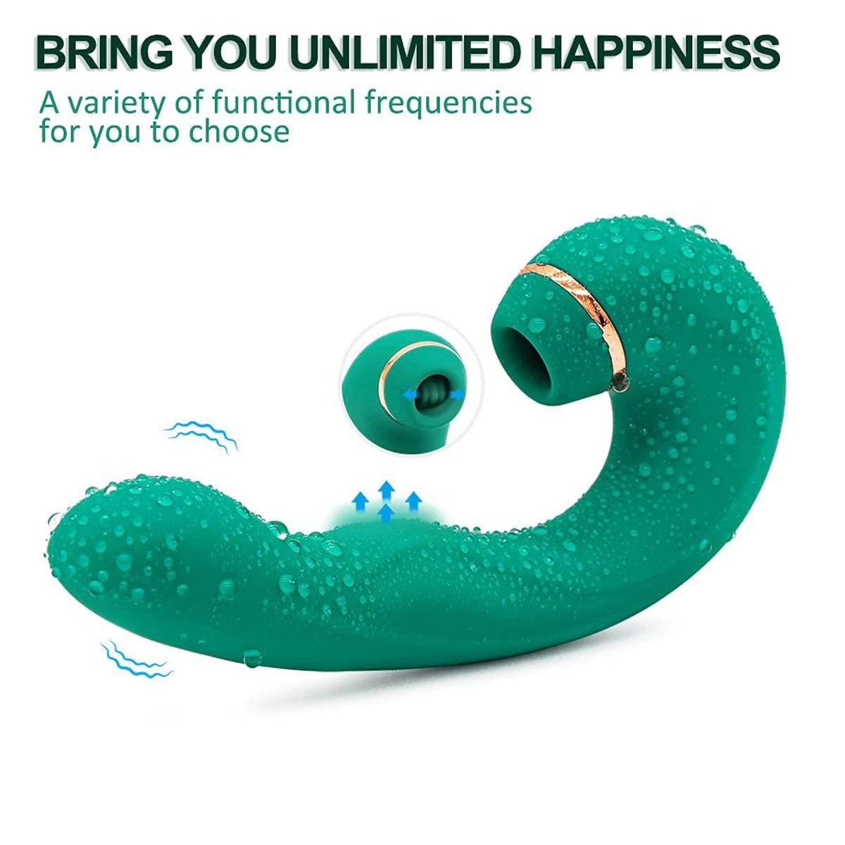 Close-up of licking and suction vibrator showing triple stimulation design