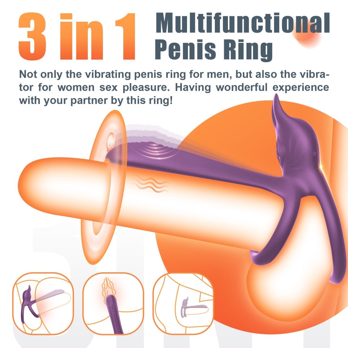 3-in-1 penis ring with 10 vibration modes illustrated using functional icons.