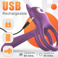 USB-rechargeable penis ring displayed with charging cable and silicone construction.