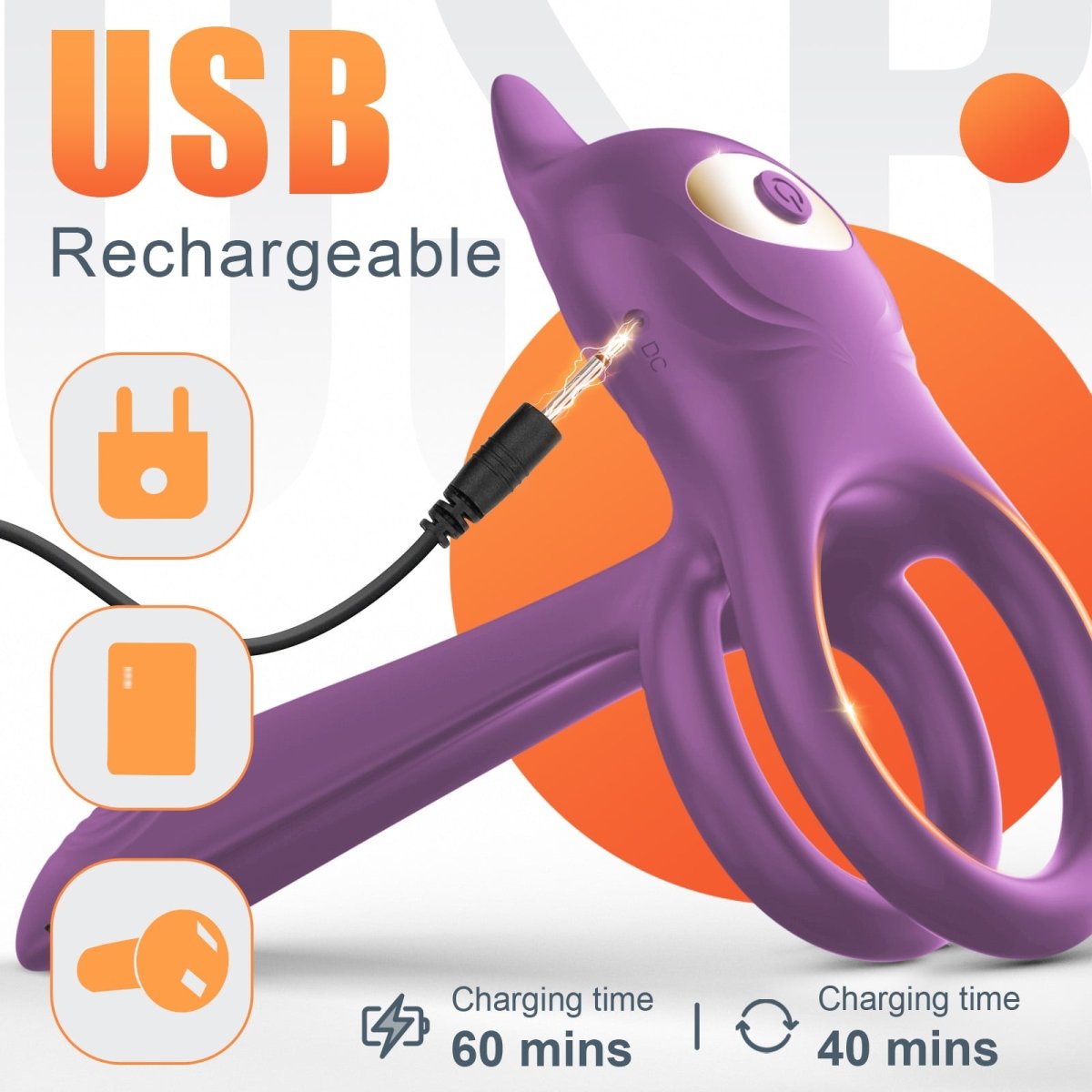USB-rechargeable penis ring displayed with charging cable and silicone construction.