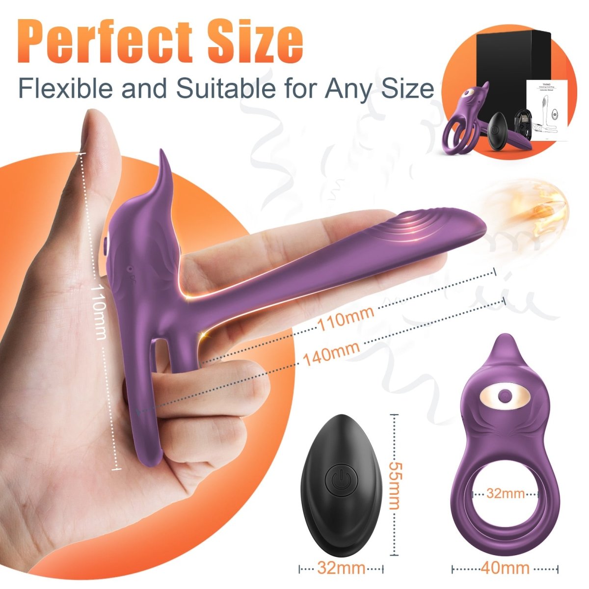 Multifunctional cock ring demonstrating stretchable silicone material and vibration points.