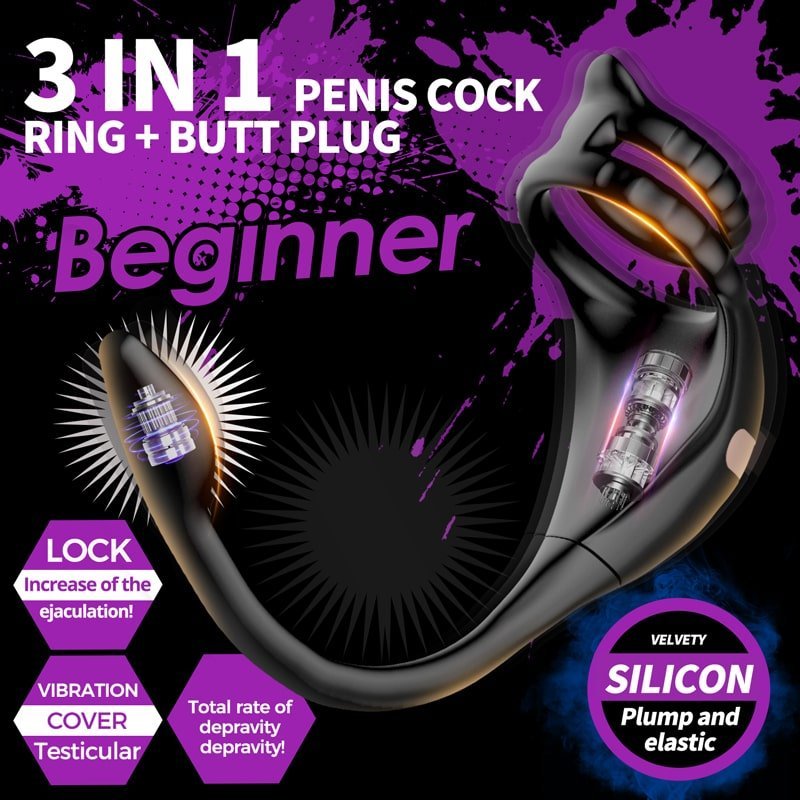 Cock ring with anal plug displayed flat showing flexible design
