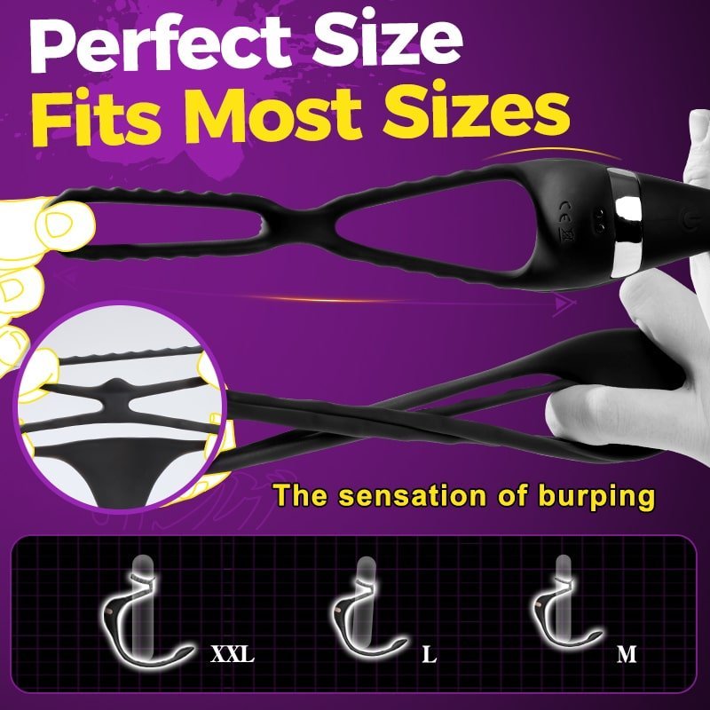 Penis ring with anal plug shown highlighting stretchable silicone texture