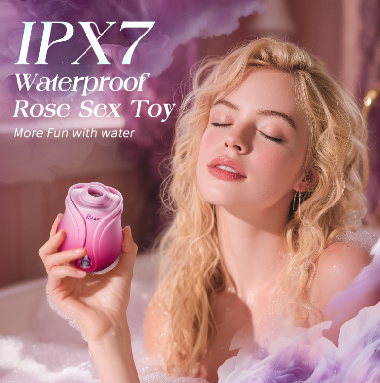 IPX7 waterproof rose sex toy promotional image featuring a woman relaxing in a bath and holding a pink rose vibrator from Seductiva NZ
