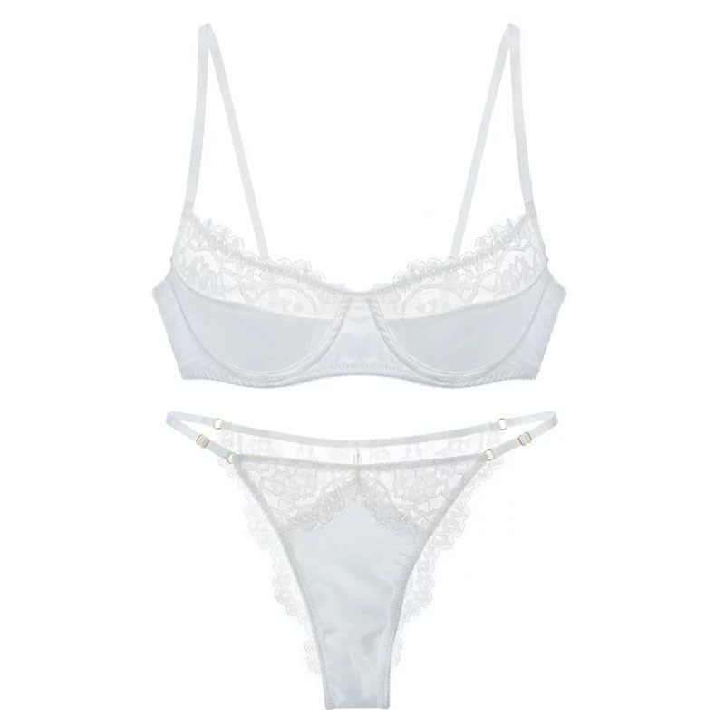 Sheer eyelash-trim French lace bra and matching panty set