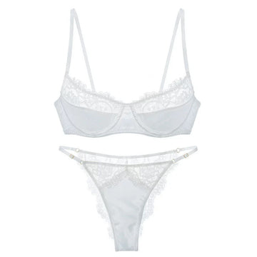 Sheer eyelash-trim French lace bra and matching panty set