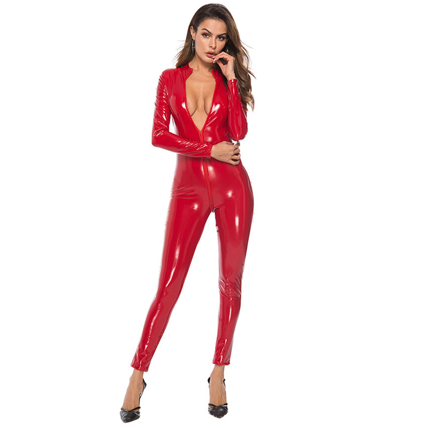 Women’s Glossy PU Leather Bodysuit, Stretch Fabric Full Length Zipper Costume Outfit