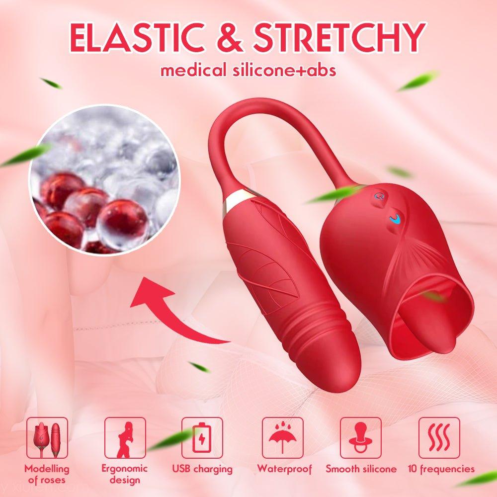 Dildo vibrator shown upright featuring soft silicone rose body