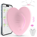 Heart-shaped app-controlled wearable vibrator (pink) with phone app interface and remote control — discreet clitoral stimulation
