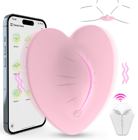 Heart-shaped app-controlled wearable vibrator (pink) with phone app interface and remote control — discreet clitoral stimulation