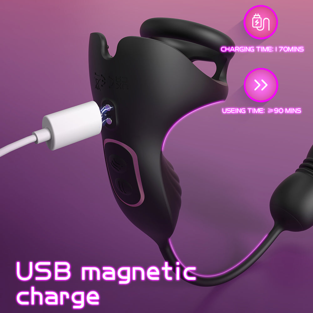 Side view of dual-ring vibrating cock ring showing retracting shaft