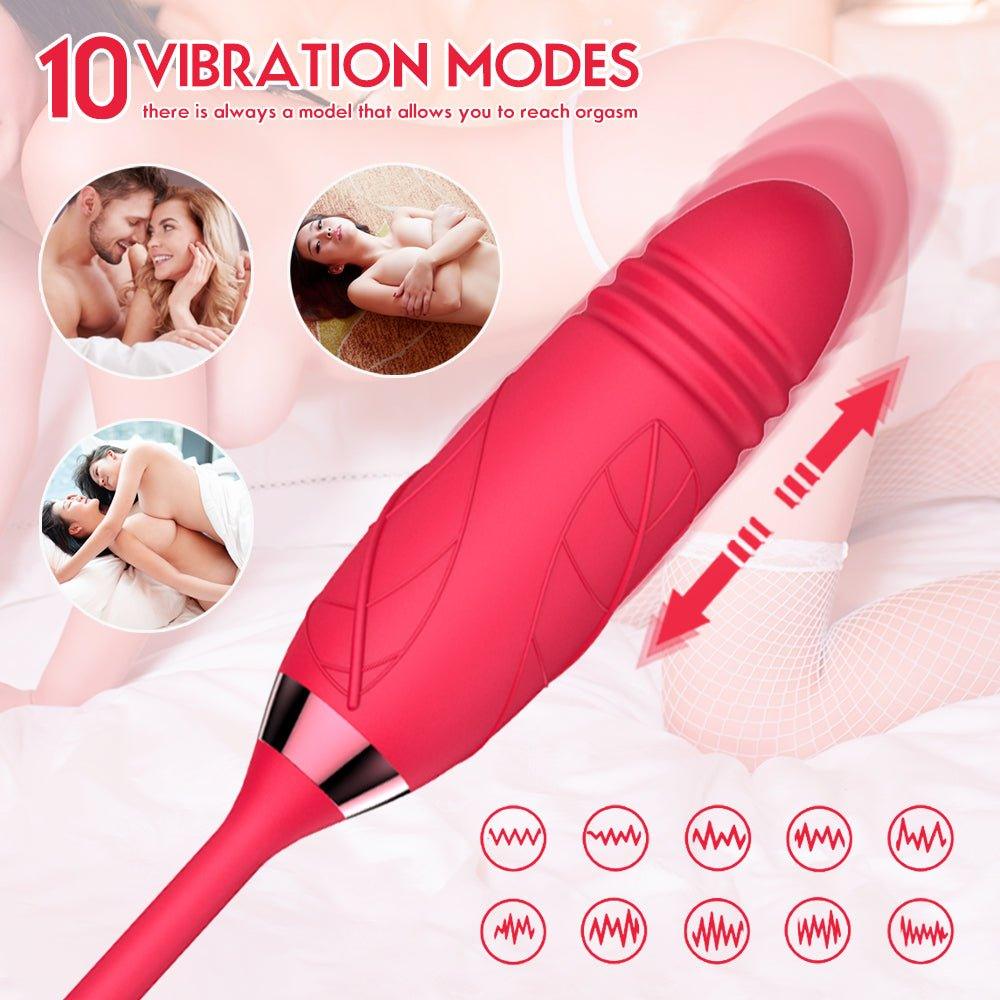Pink rose vibrator shown with suction intensity and vibration control icons.