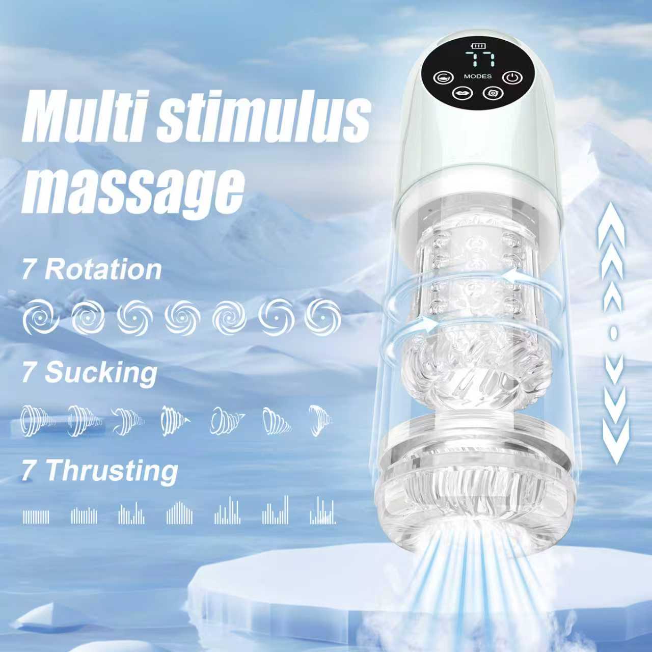 Multi stimulus massage poster — 7 rotation + 7 sucking + 7 thrusting modes (feature graphic)