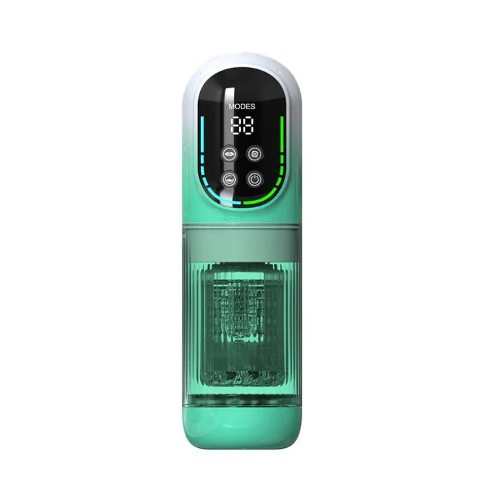 Transparent view of the male masturbator highlighting inner sleeve and thrusting mechanism.