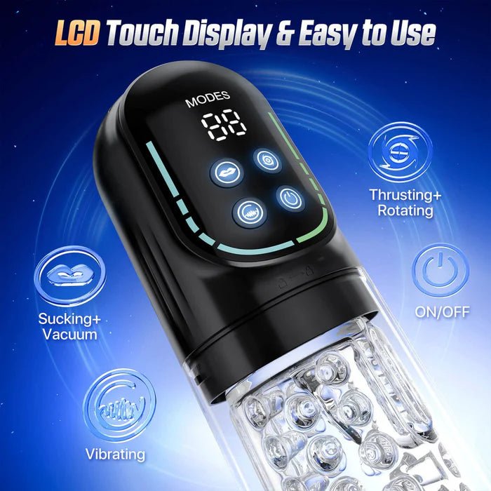 USB-rechargeable automatic male masturbator shown with charging cable.