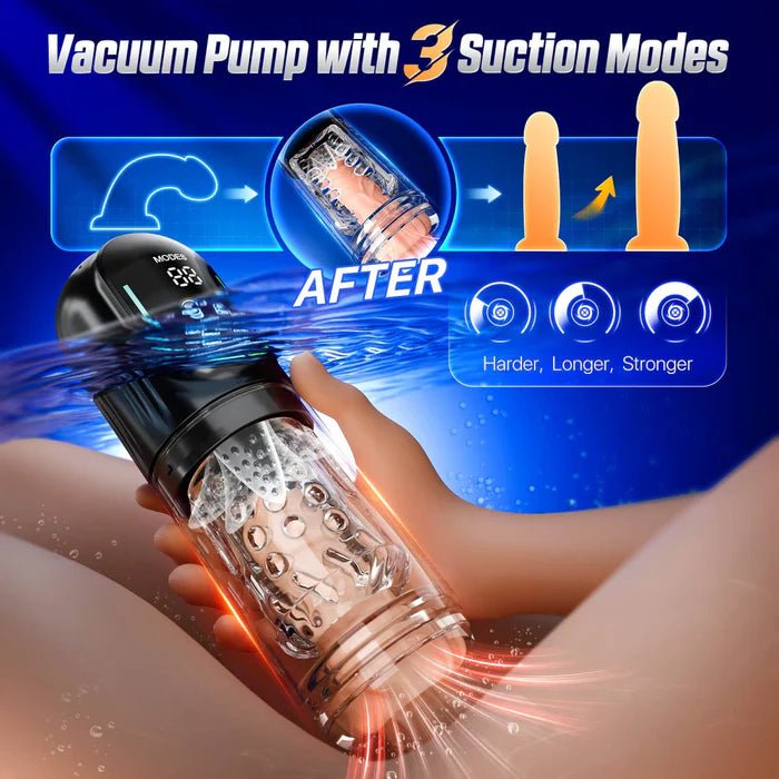 Automatic masturbator demonstrating suction performance with vacuum icons.