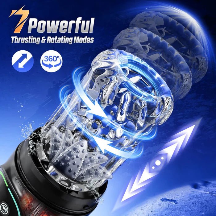 Male masturbator displaying multiple thrusting modes with digital control panel.