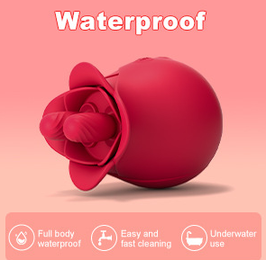 Red flower-shaped product with waterproof features on a pink background