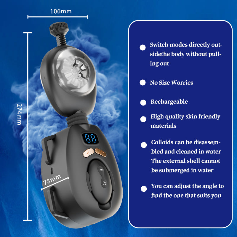 Wearable male masturbator shown flat with ergonomic curved housing