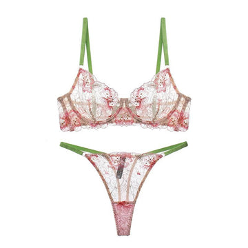 Lace Bra Set – Floral Embroidery, Pink and Green, Thong