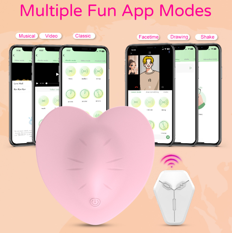 Multiple fun app modes for heart-shaped vibrator — musical/video/classic/facetime/drawing/shake control options