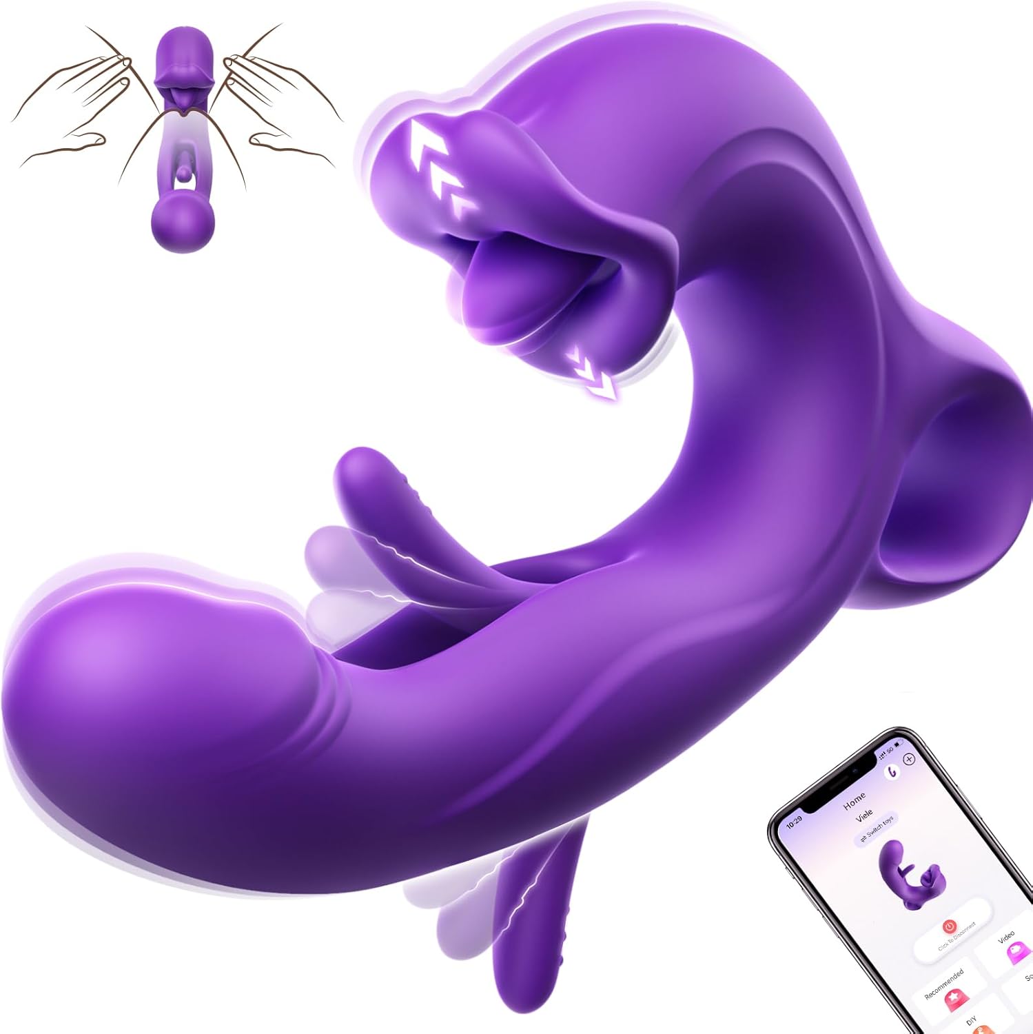 Product packaging image of the finger-flapping mouth vibrator shown with accessories on a white background.