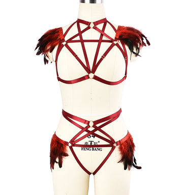 Feather Temptation Sexy Strap-on Wig Wine Red Women's Lingerie Set