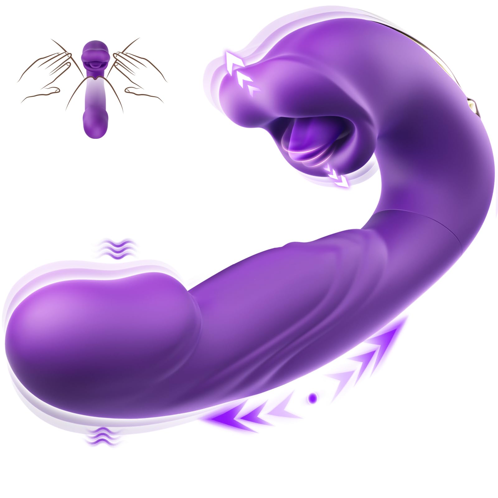 Purple tongue toy with 7 thrusting, vibrating and licking modes shown on a clean background.