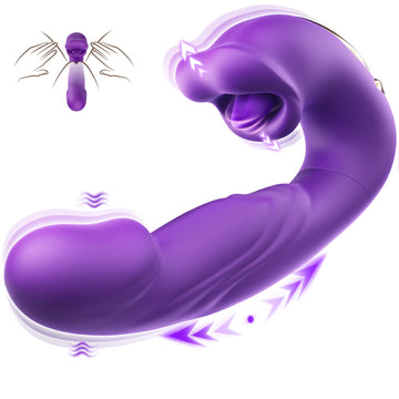 Purple tongue toy with 7 thrusting, vibrating and licking modes shown on a clean background.