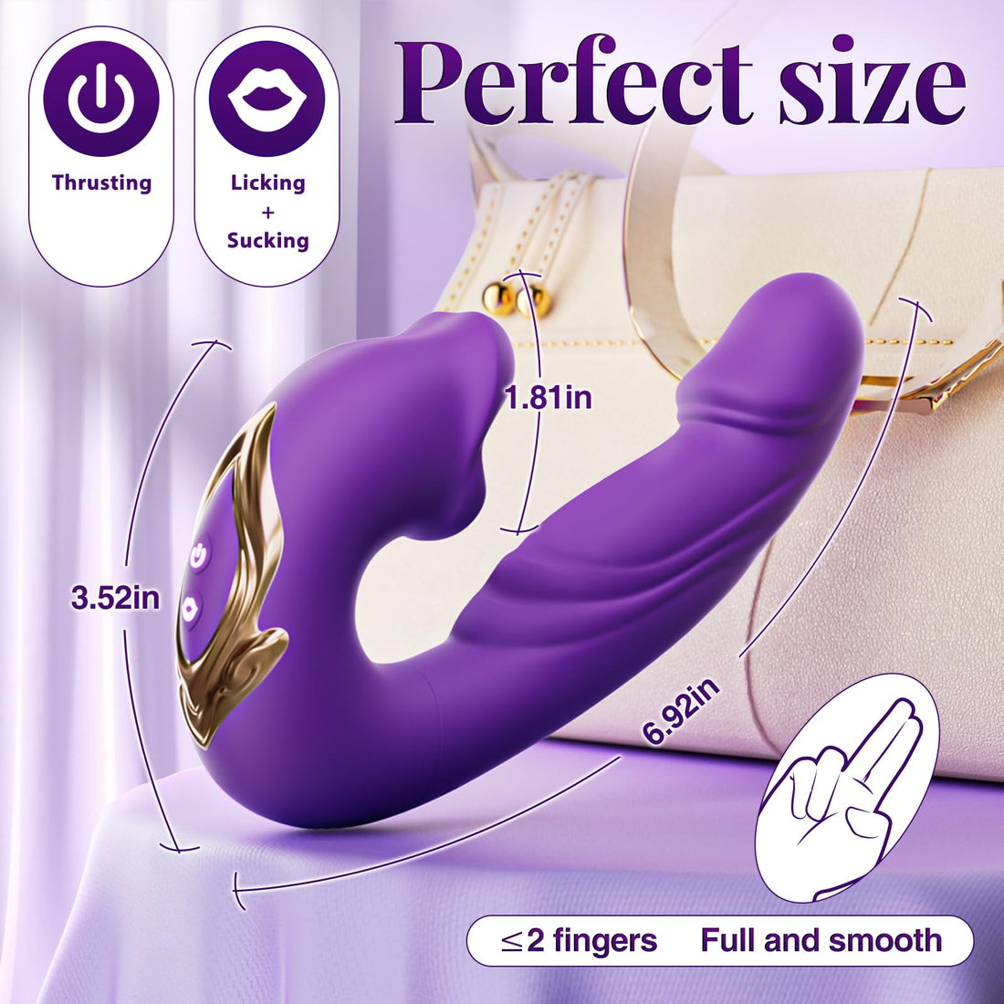 Purple tongue toy with 7 thrusting, vibrating and licking modes shown on a clean background.