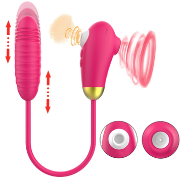 Dual stimulation suction + thrust vibrator — clitoral suction head with internal thruster, multi-speed licking and thrusting motion (diagram)