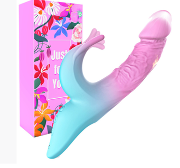 Pink and blue gradient G-spot rabbit dildo vibrator product photo with floral box — curved shaft and rabbit ears clitoral stimulator