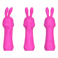 Bunny-shaped G-spot vibrator product views (pink) — front, side and back view of mini rabbit vibrator