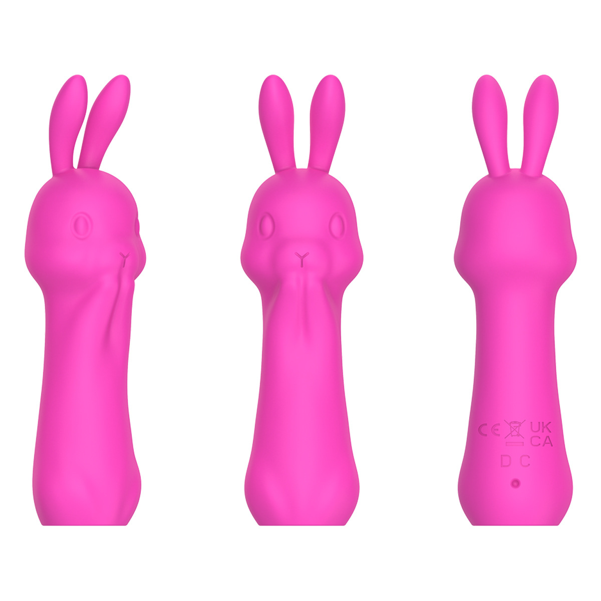 Bunny-shaped G-spot vibrator product views (pink) — front, side and back view of mini rabbit vibrator