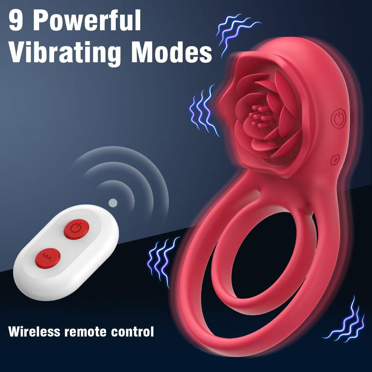 Remote control and cock ring shown together highlighting wireless function