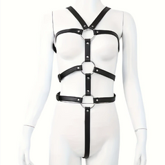 SM leather strap-on tights, exposed breasts, training erotic women