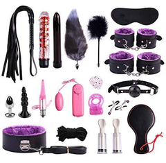Bondage Leather and Faux Fur 10-Piece & 11-Piece Set for Adults - Alternative BDSM Play Handcuffs Restraints