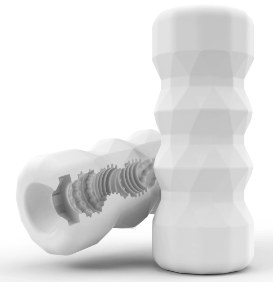 Diamond cut exterior airplane cup masturbator — white textured “diamond” sleeve with internal 3D tunnel structure (product hero image)