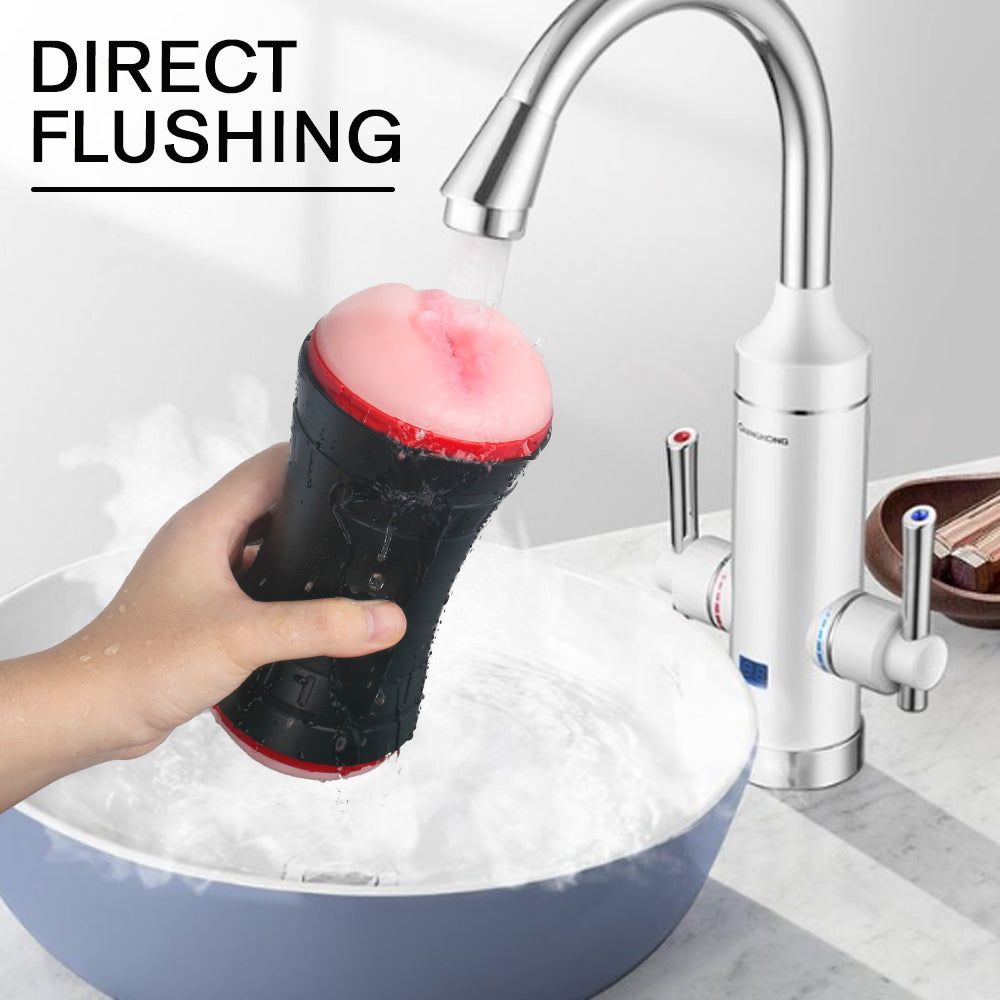 Male masturbator shown flat with product dimensions visible