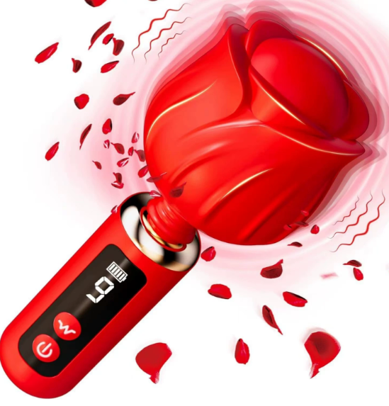 Rotary rose vibrator (red) — rose-shaped wand massager with rotating head and digital display (hero image)