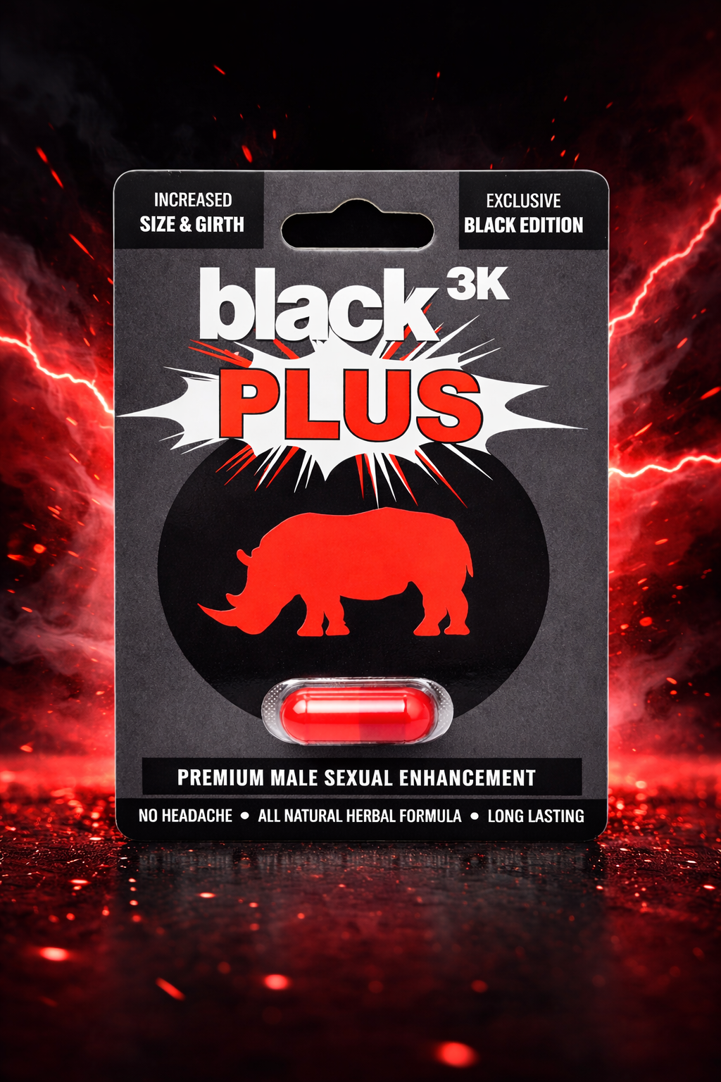 Black Plus 3K male enhancement product packaging with rhino illustration on a dark background