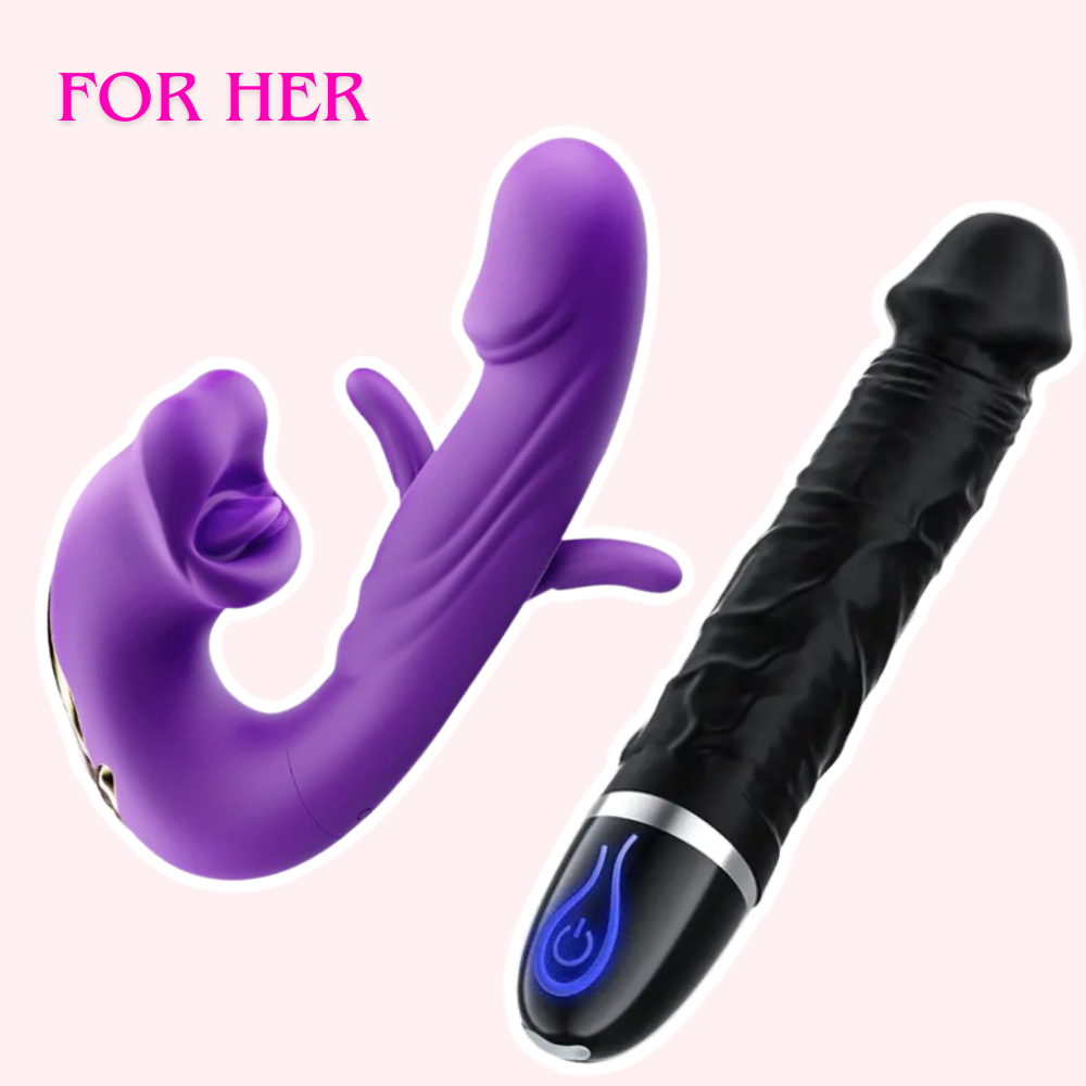 Solo Sweetheart Set — Love Yourself First bundle: tongue flapping G-spot vibrator, 7-mode vibrating dildo, automatic thrusting & sucking male masturbator, and EG(G) pocket stroker