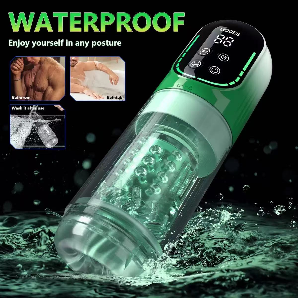 Waterproof Seductiva masturbator splashing in water to show water-resistant design.