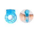 Disposable vibrating ring – blue double-ring design with wearing example for couples’ pleasure