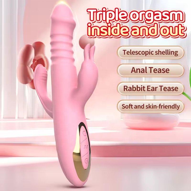 Thrusting rabbit vibrator shown in front view with dual-stimulator design