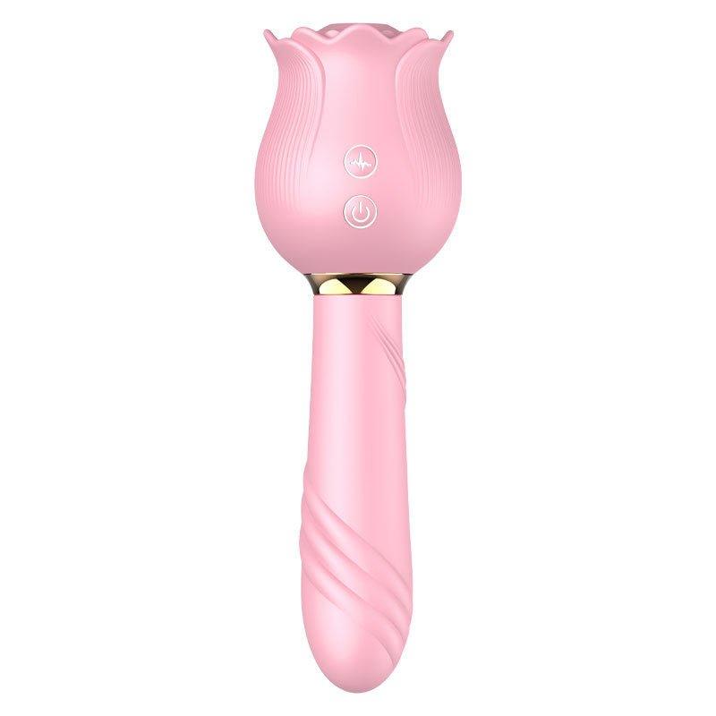 Rose massager stick with sucking and vibrating functions in pink silicone