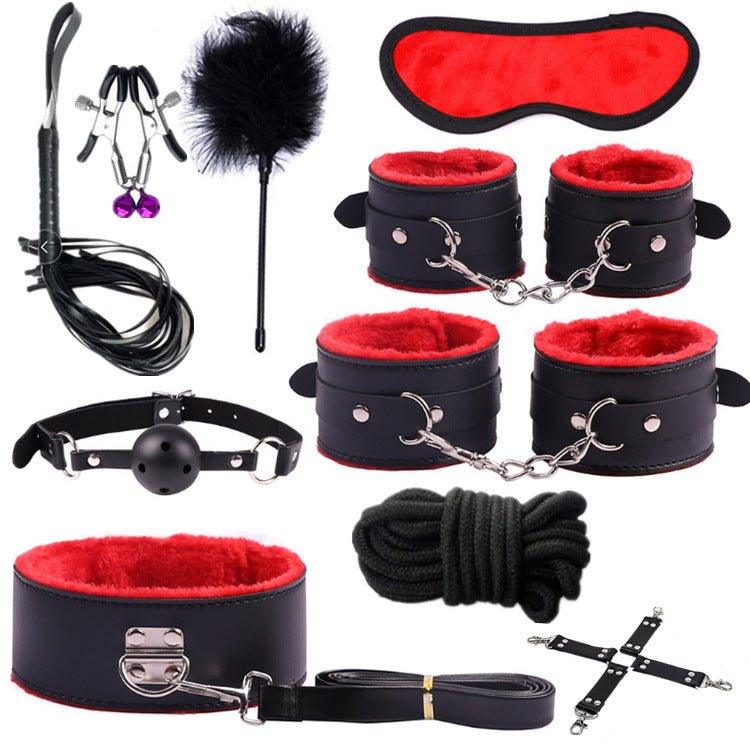 Bondage handcuffs set shown with soft padded cuffs and connection strap