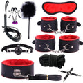 Bondage handcuffs set shown with soft padded cuffs and connection strap